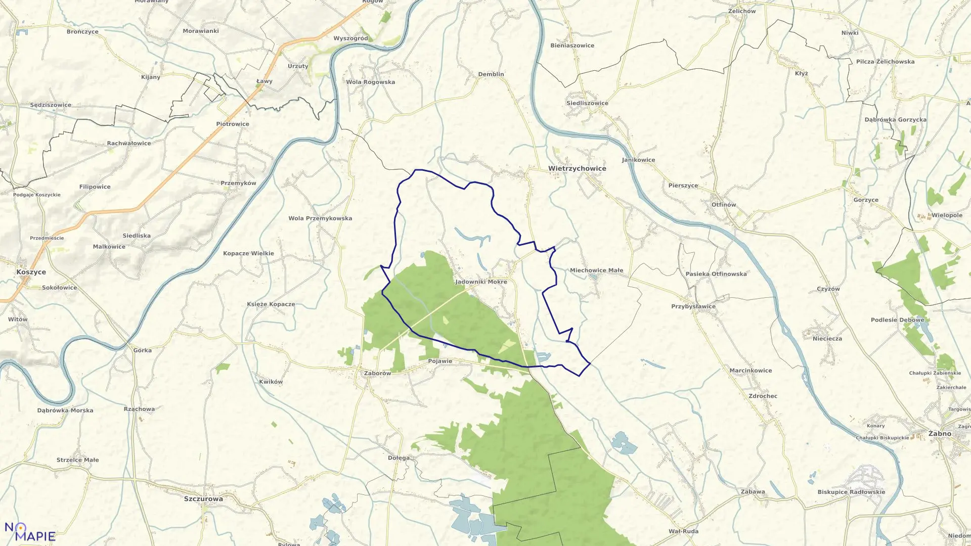 Mapa obrębu Jadowniki Mokre w gminie Wietrzychowice